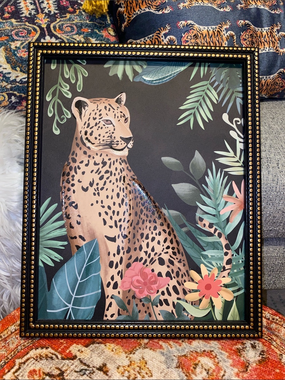 Framed Tan Leopard Jungle Print with Green Foliage